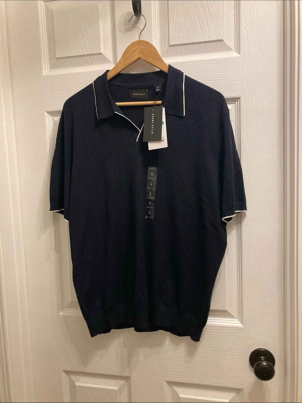 Perry Ellis Navy Polo with White Contrast Trim NWT Size L